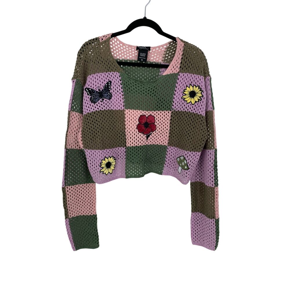Thorn & Fable Cropped Open Knit Sweater Womens Sz XL Checkerboard With Patches